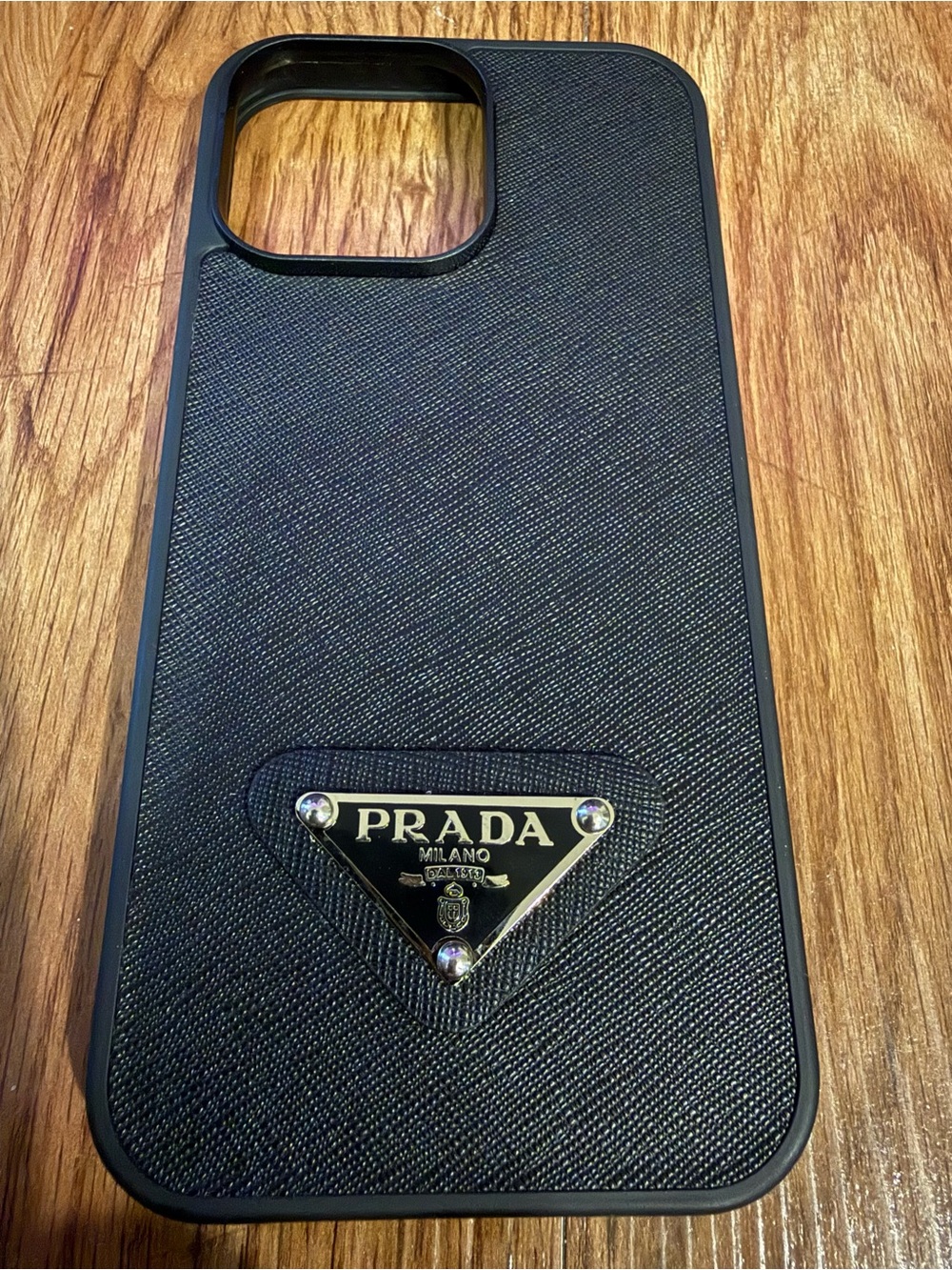 Prada Black Saffiano Leather-Style iPhone 16 Pro MaxCase with Metal Triangle Log